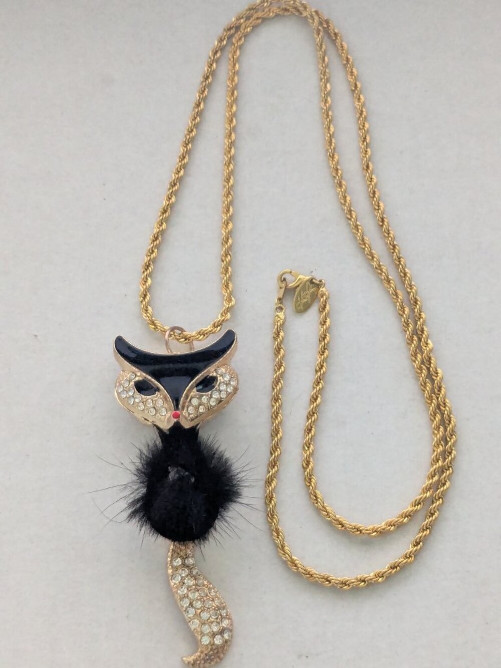 Rhinestone Encrusted Enamel Gold Tone Fox Charm Pendant Necklace